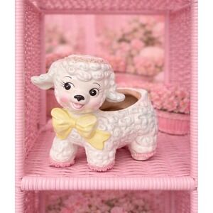 Vintage 1961 Relpo/Samson Import Co. ceramic lamb Pink White Spaghetti planter
